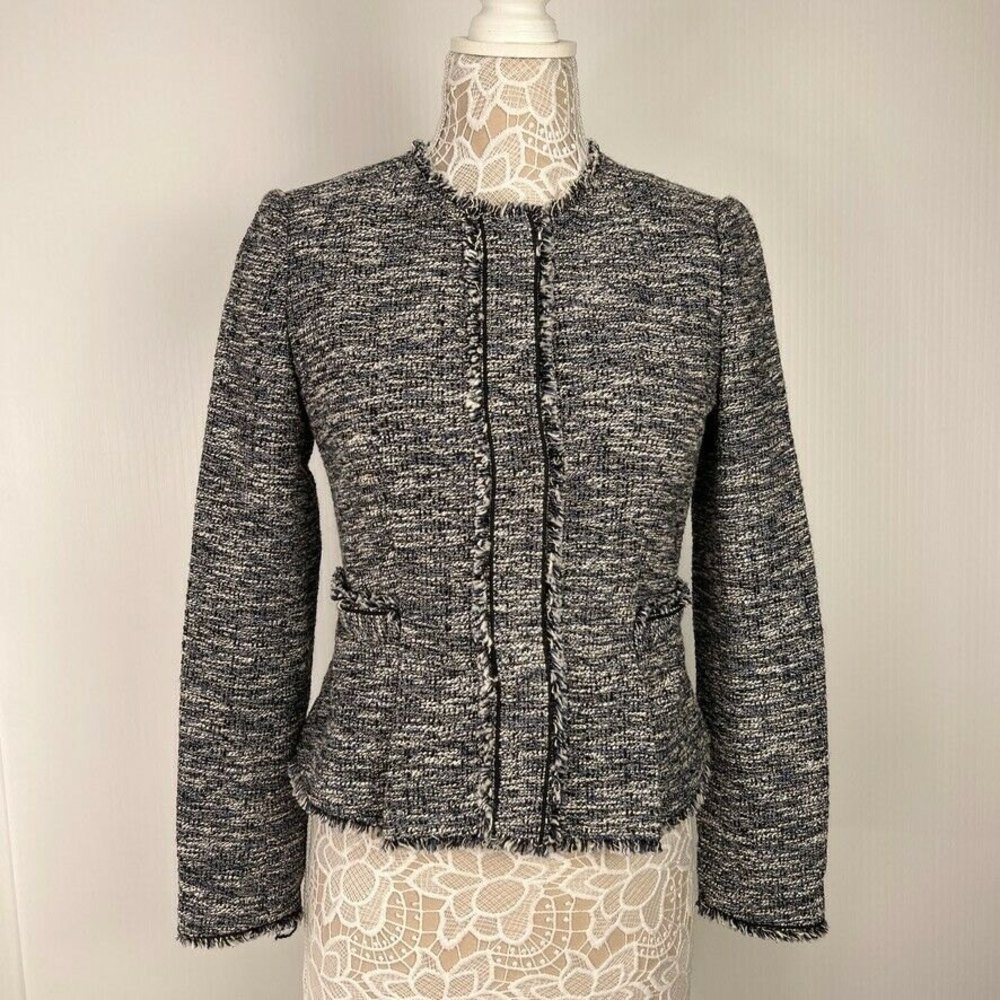 Ann Taylor Jacket Women 2 Boucle Crop Raw Fringe Lined Pocket Tweed Work Core Nw